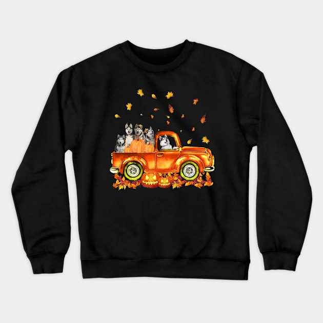 Husky Pumkin Car Autumne Halloween Crewneck Sweatshirt by Margaretsantana